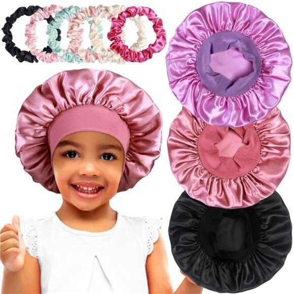 Kids Satin Sleep Bonnets–Soft Adjustable Caps with Wide Bands+6 Bonus Scrunchies - Picture 1 of 5